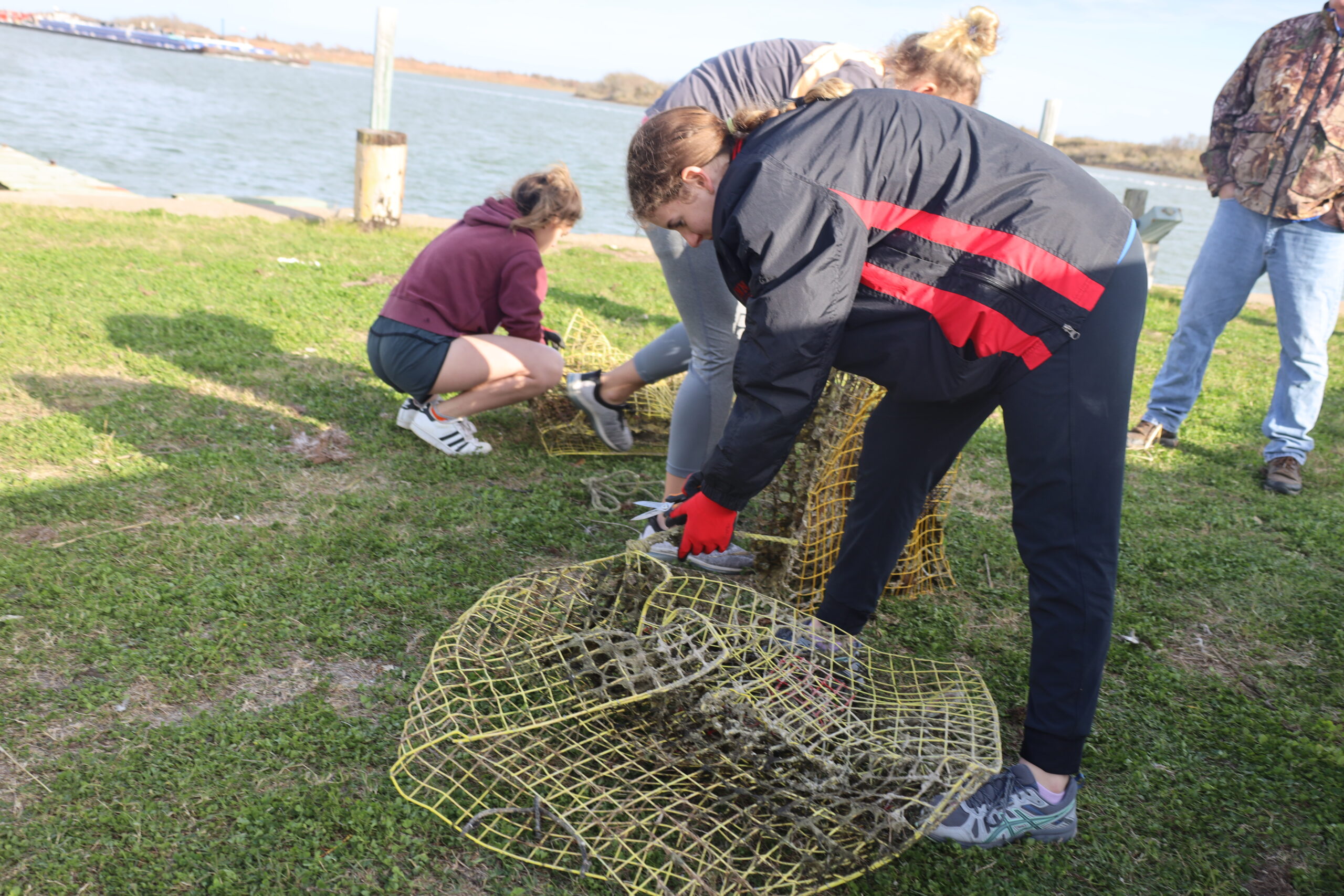 person cutting a crab trap during removal