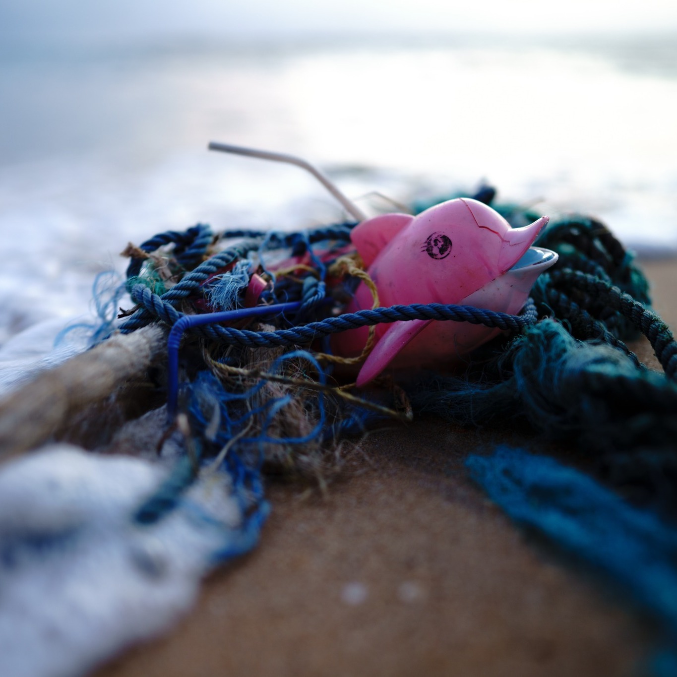 trash washed up on the beach close-up