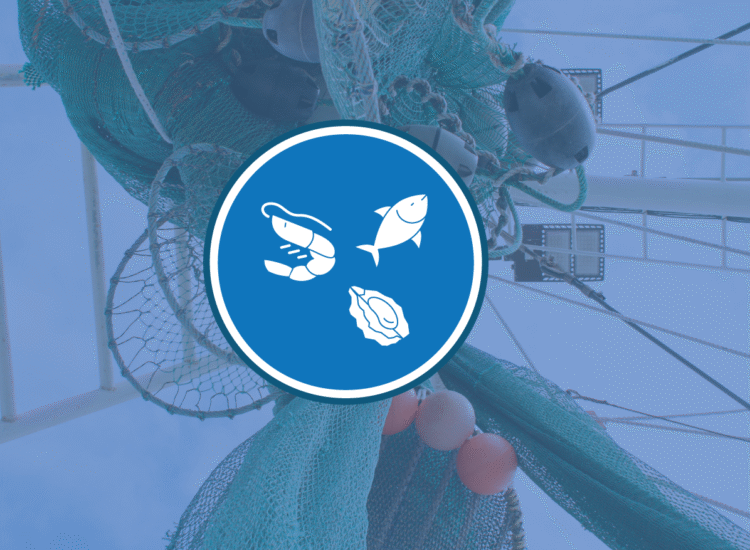 Sustainable Fisheries and Aquaculture Icon over image of shrimp nets on a boat
