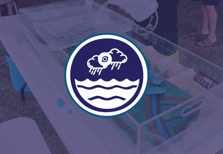 Resilient communities and economies icon over image showing flood plain model