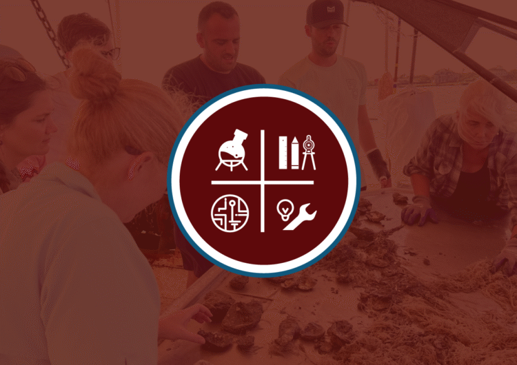 Enviromental Literacy and Workforce Development Icon over image showing oyster training