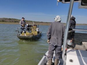 people on boats getting traps out of water