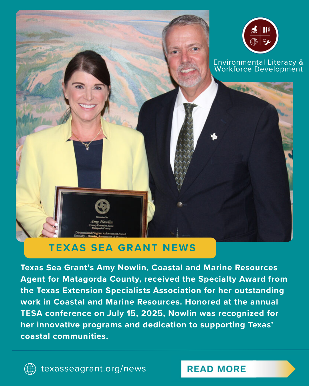 Amy with Philip Shackleford as she receives Texas Extension Specialist Award